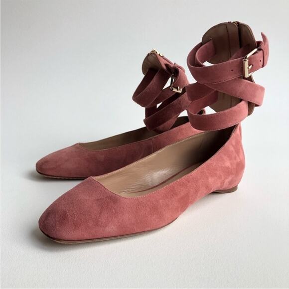 VALENTINO GARAVANI Suede Pink Lace Up Square Toe Zipper Back Ballet Flats EU37 - Picture 2 of 9